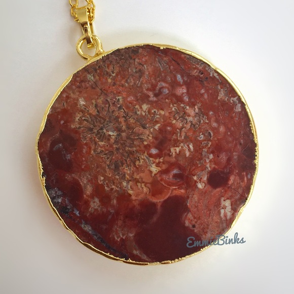 New Exquisite 24KGP Mexican Happy Lace Agate Slice Pendant Necklace / Happiness - Picture 6 of 16